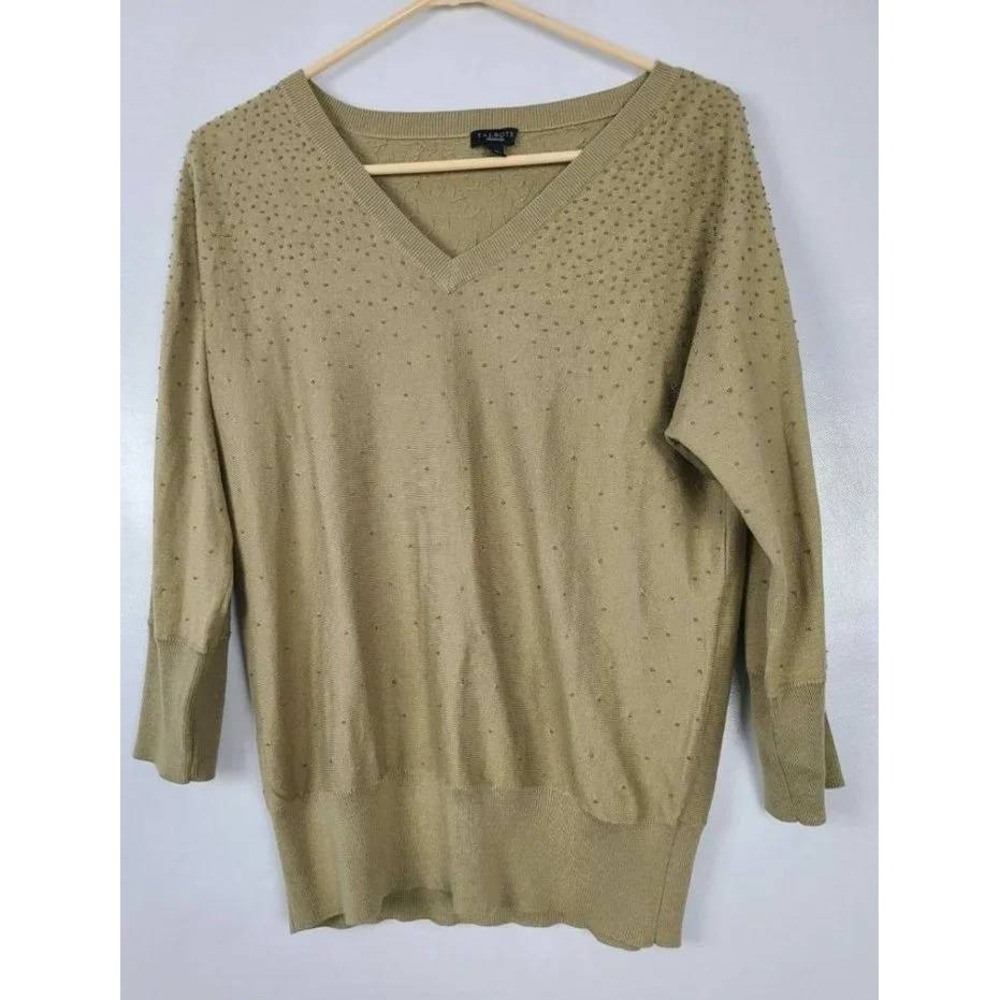 Talbots V-Neck Beaded Silk Blend Sweater Womens Medium Tan Gold Quite luxury